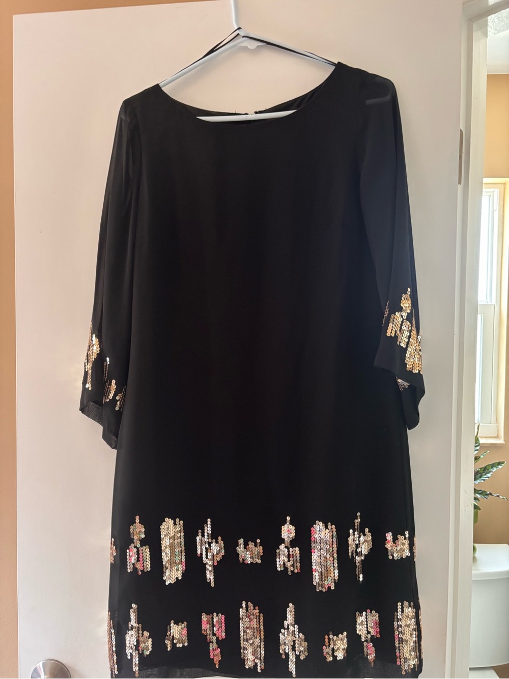 Dana Buchman Black Long-Sleeve Shift Dress with Gold Sequin Trim
